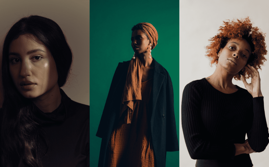 Three women with serious expressions photographed in dark settings. These are the kinds of women that who's reproductive rights will be affected by the overturning of Roe v. Wade.