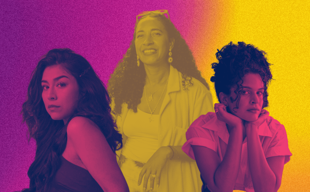 Three female Latina directors collaged together in a fuschia and yellow photo. Pictured to the left is Evelyn Lorena looking towards the camera over her shoulder. She has mid-length Black hair and is wearing a tank top. She has her hair parted to the side and has a hair pin on the side. She is in a fuchsia tone. In the middle is Alexis Garcia smiling away from the camera, in a yellow tone. She has long curly hair with glasses on her head, and she is wearing all white clothing. On the right is Gabriela Ortega, with her head on her hands, facing the camera. She has her curly black hair tied in a updo, and has a white short sleeve collared shirt.