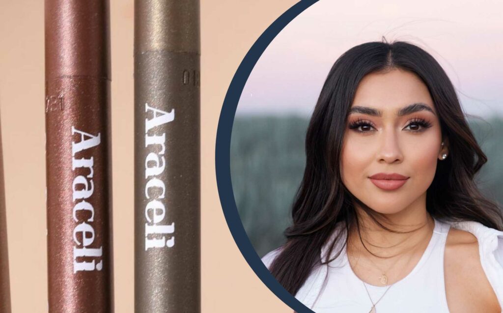 Araceli Ledesma in front a field of agave plants, and a showcase of the Araceli Beauty products.