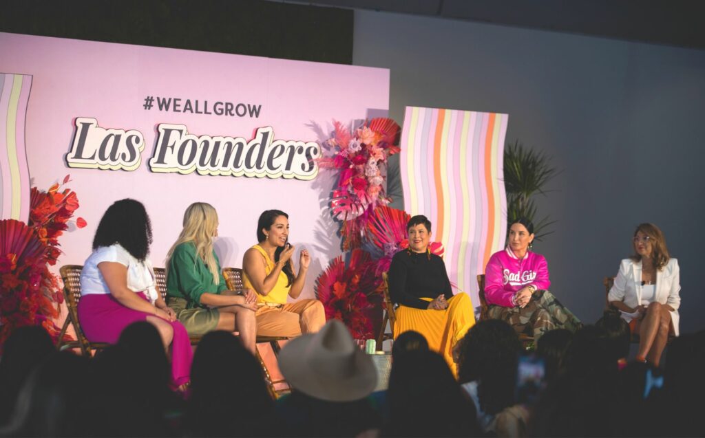 Las Founders Speakers on the Main Stage. From L to R Kayla Castañeda (Agua Bonita), Bricia Lopez (Guelaguetza), Sandra Velasquez (Nopalera), Lala Romero (Bella Doña), Margarita Arriagada (Valdé Beauty).