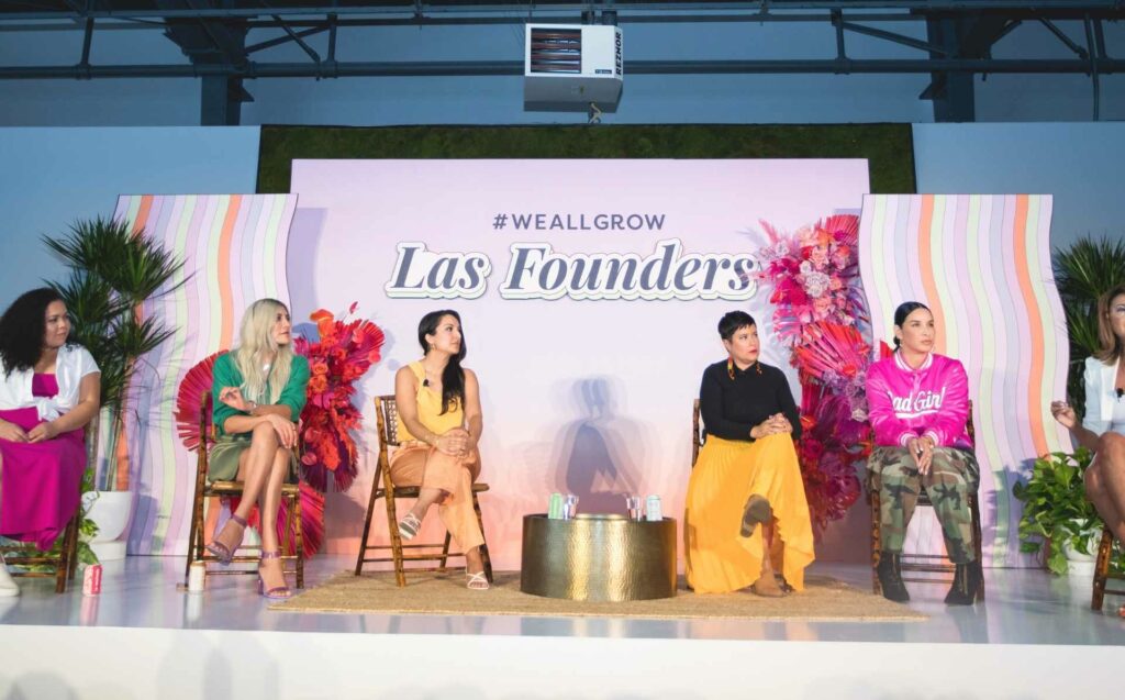 Las Founders Speakers on the Main Stage. From L to R Kayla Castañeda (Agua Bonita), Bricia Lopez (Guelaguetza), Sandra Velasquez (Nopalera), Lala Romero (Bella Doña), Margarita Arriagada (Valdé Beauty).