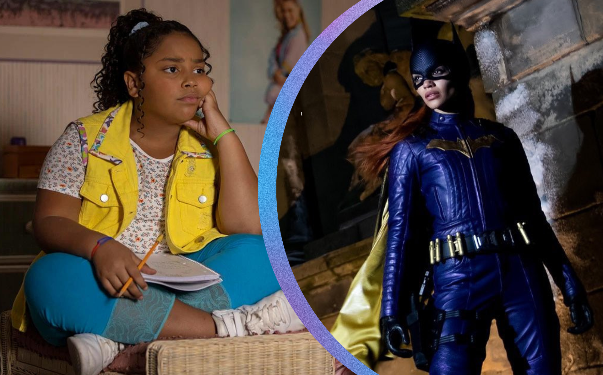 On the left is Cucu Castelli from Gordita Chronicles sitting with her legs crossed on a bed doing homework. She is wearing a bright yellow vest with a white shirt underneath with blue pants. On the right is Leslie Grace as Barbara Gordon in her Batgirl costume in all black with a purple and gold cape.