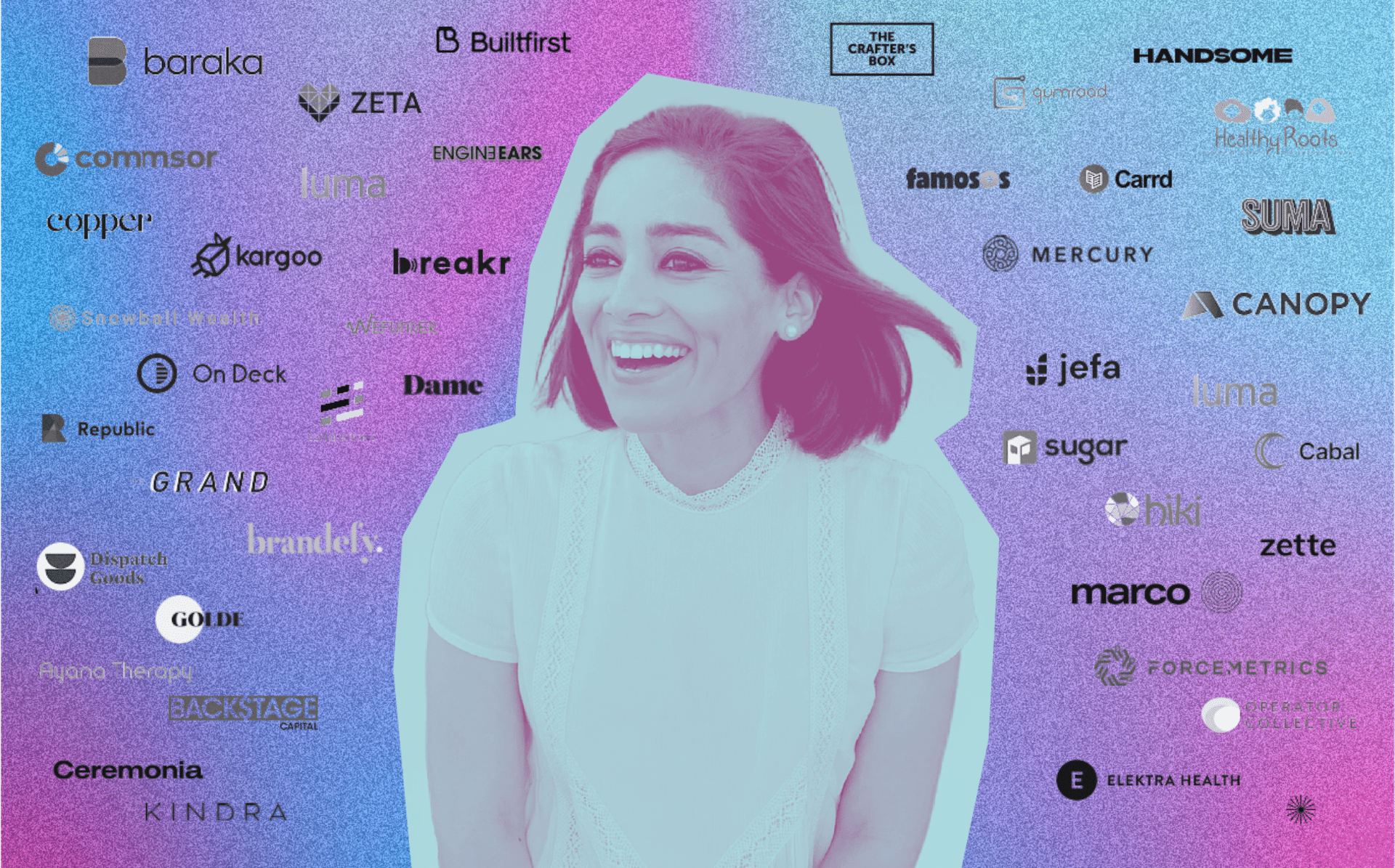 A cutout image of venture capitalist Lolita Taub smiling with all the logos of the brands she's invested in via her VC Ganas Ventures. She has short black hair to her shoulder, and has a white short sleeve shirt with eyelets.