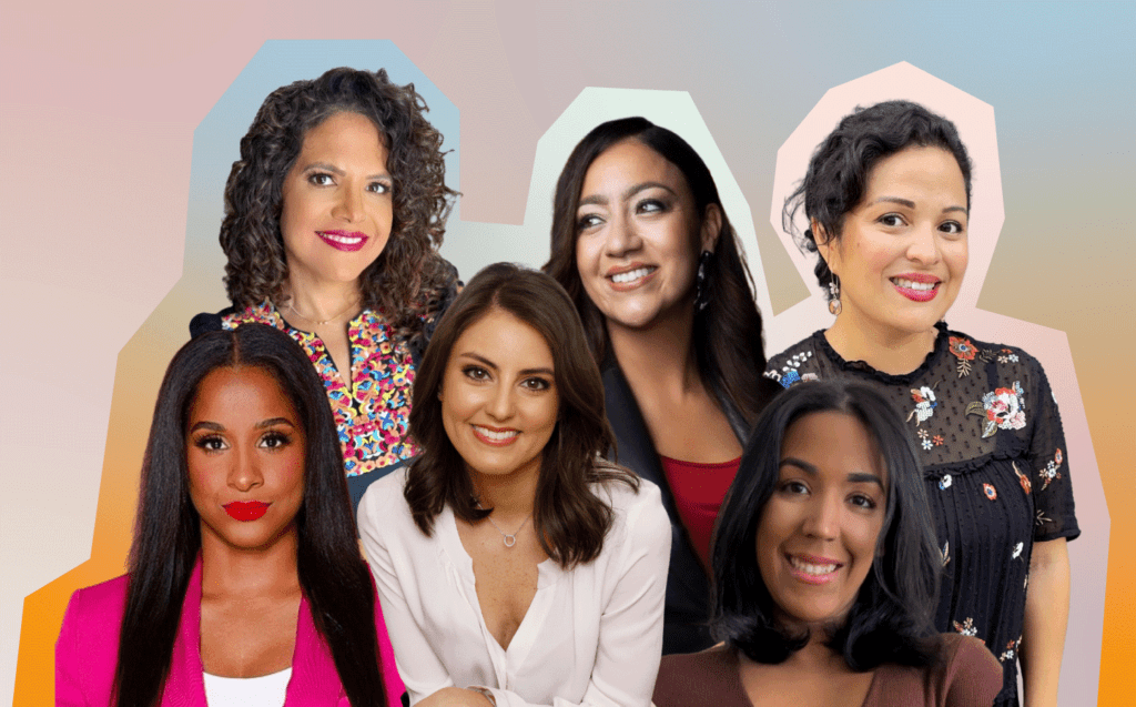 Six women that are speakers for the 'Latinas Own The Table' event for Latina Equal Pay Day to talk about pay disparity are pictured in a collage. On the top row is Sonia Smith Kang, with Patricia Mota and Cindy Lone to her right. On the bottom row is Mabel Friás, Daniela Pierre-Bravo, and Judith Gil.