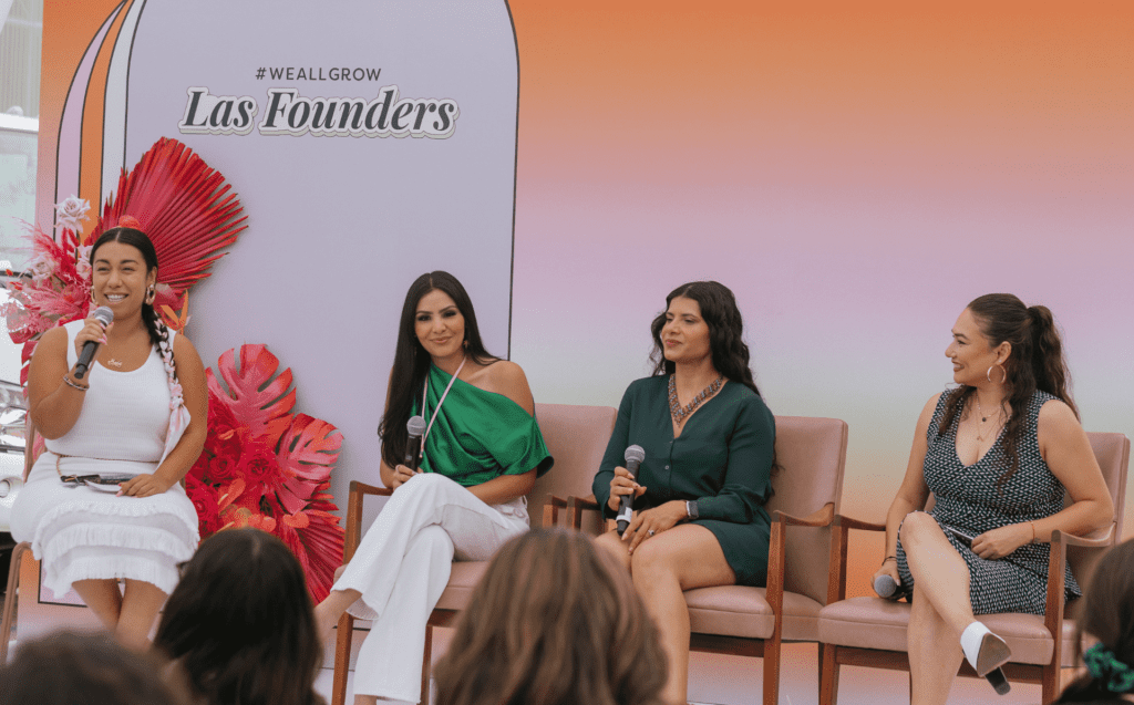 Latinas in Cannabiz Panel at Las Founders in Los Angeles, CA. From left to right: Mala Muñoz of Marijuanera: A Podcast for Potheads, Susie Placencia of Humo and Mota Glass, Carolina Vasquez-Mitchell of Ciencia Labs, and Ruth Jazmin Aguiar.