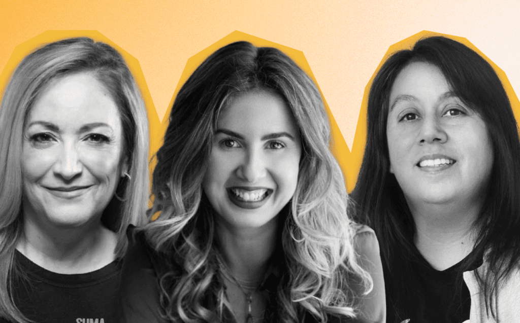 Reel Co-Founder and CEO Daniela Corrente joining as Chief Strategy and Business Officer, Co-Founders CEO Beatriz Acevedo, and COO Mary Hernandez smile together, making them the first c-suite trio in Fintech history