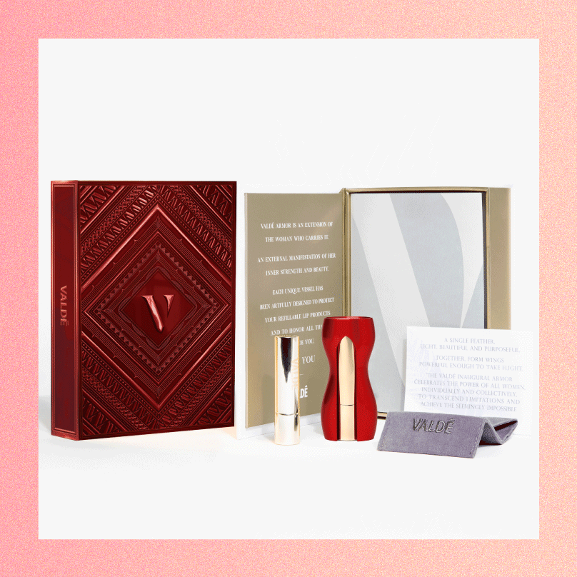 Valdé Beauty's Reflect Amor Refillable Lipstick set in red shown as a Galentine's Day or Valentine's Day gift