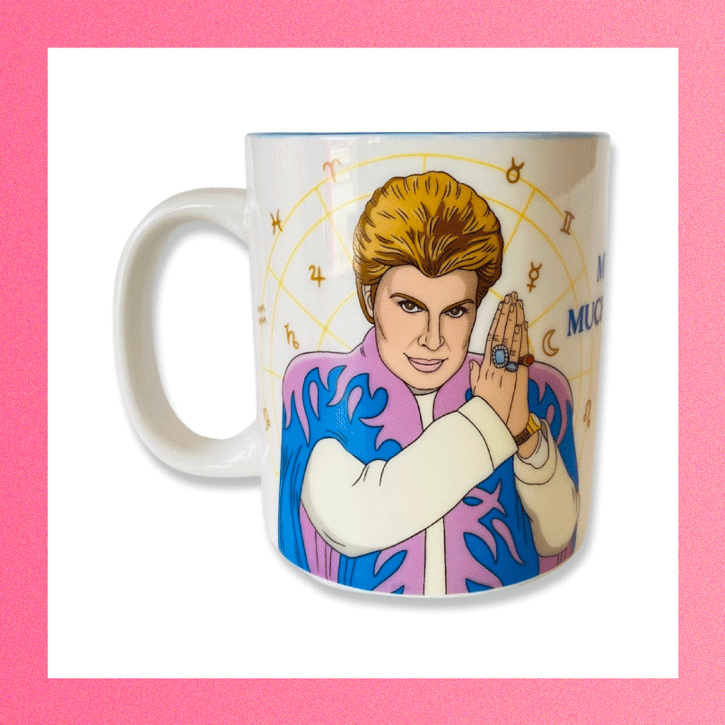 Walter Mercado is illustrated on a mug with his palms together smiling towards the camera shown as a Galentine's Day or Valentine's Day gift