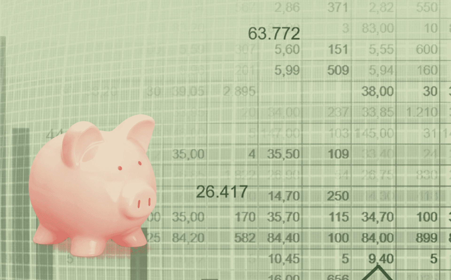 A small pink piggy bank is pictured, with a balance sheet in green behind it, illustrating the financial goals and personal finance.